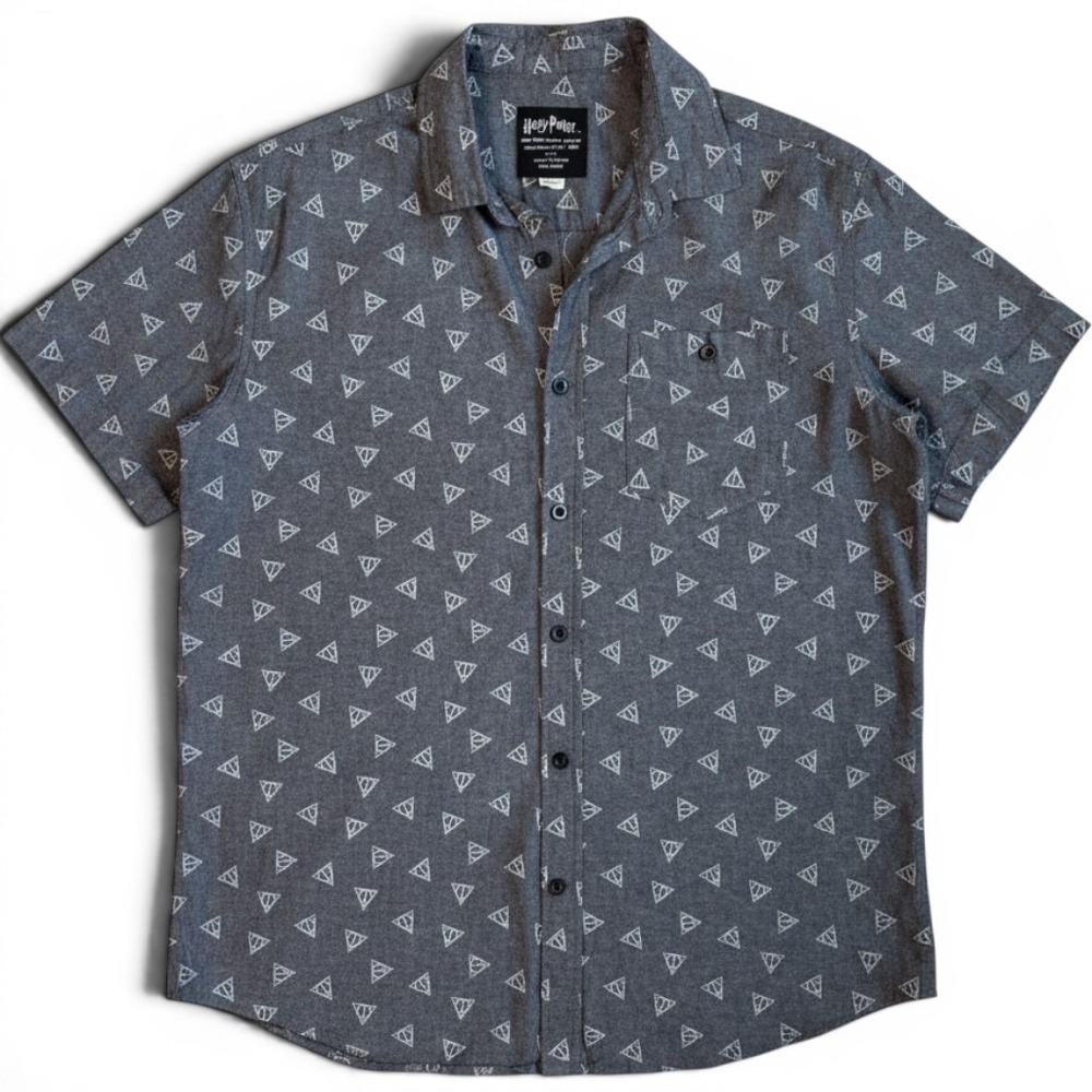 Harry Potter Deathly Hallows Mens Grey Short Sleeve Button Down Shirt, Large